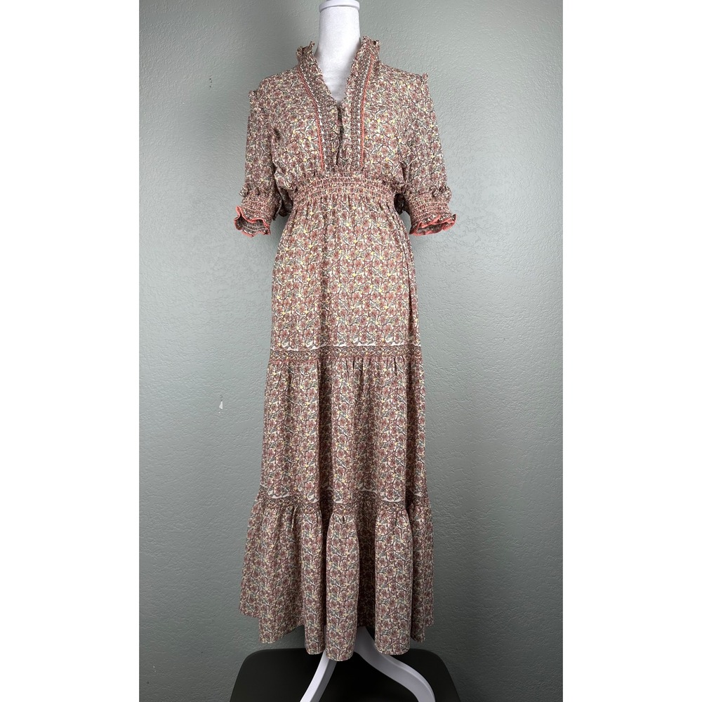 Max Studio Tiered Maxi Dress Size S Smocked Waist Ruffle Sleeve Boho Cottagecore